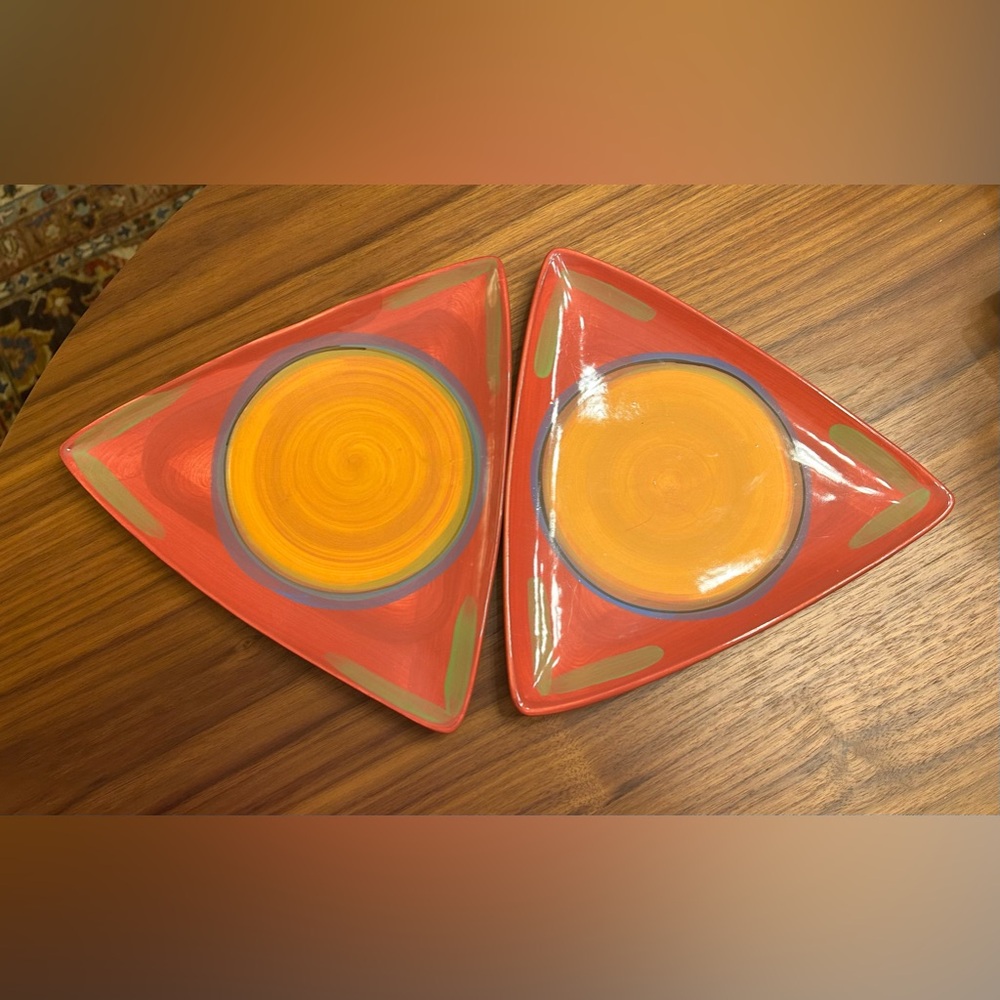 RARE 2 New Discontinued Signed Gail Pittman Red Triangle Salad Plates